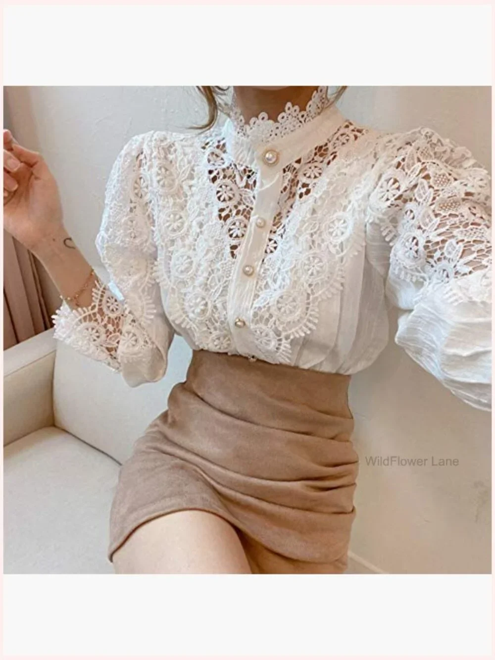 Elegant Lace Trim Victorian Blouse Long Sleeve Button Down Tops - Picture 5 of 7
